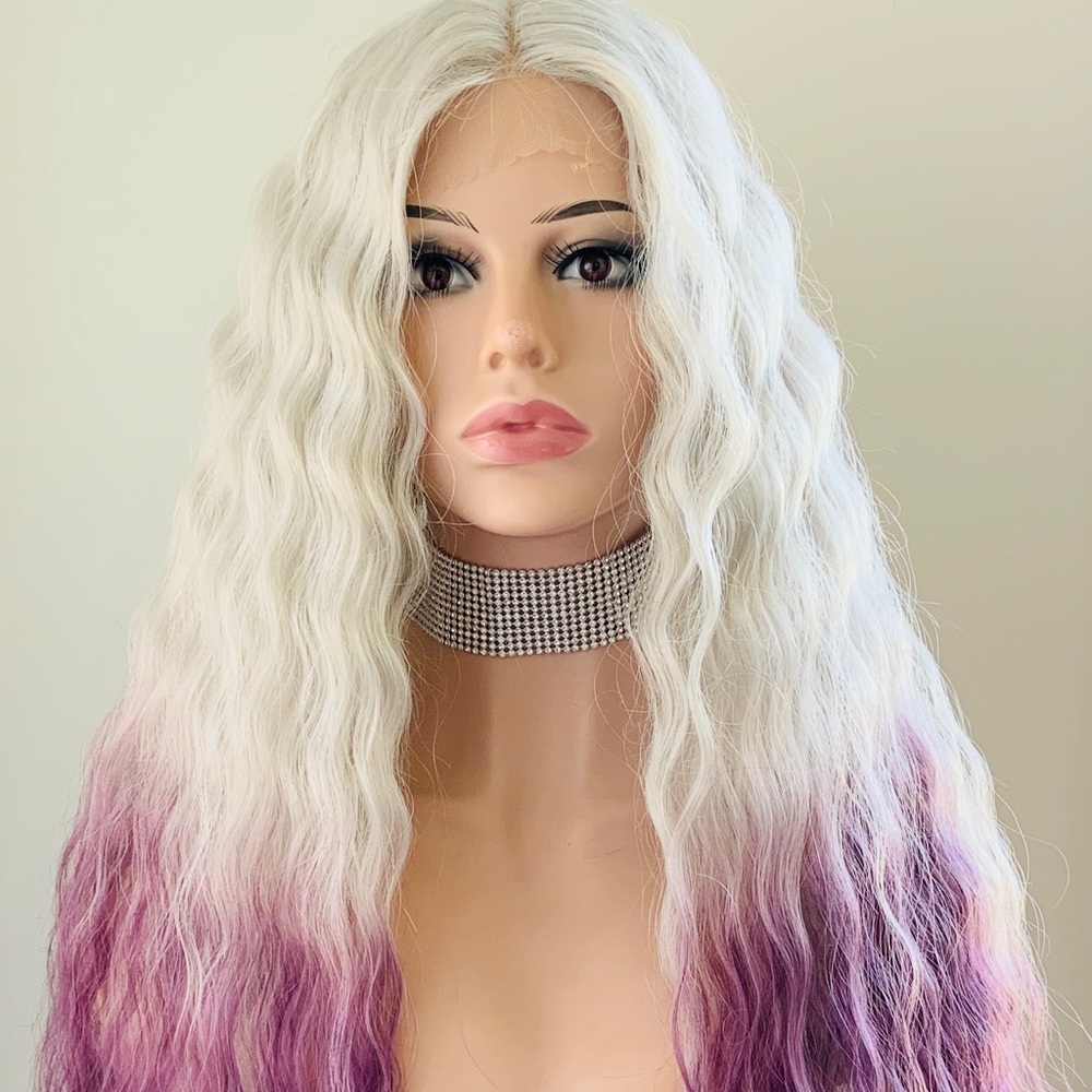36” White Plum Synthetic Lace Front Wig for Cosplay & Events 🤍💜